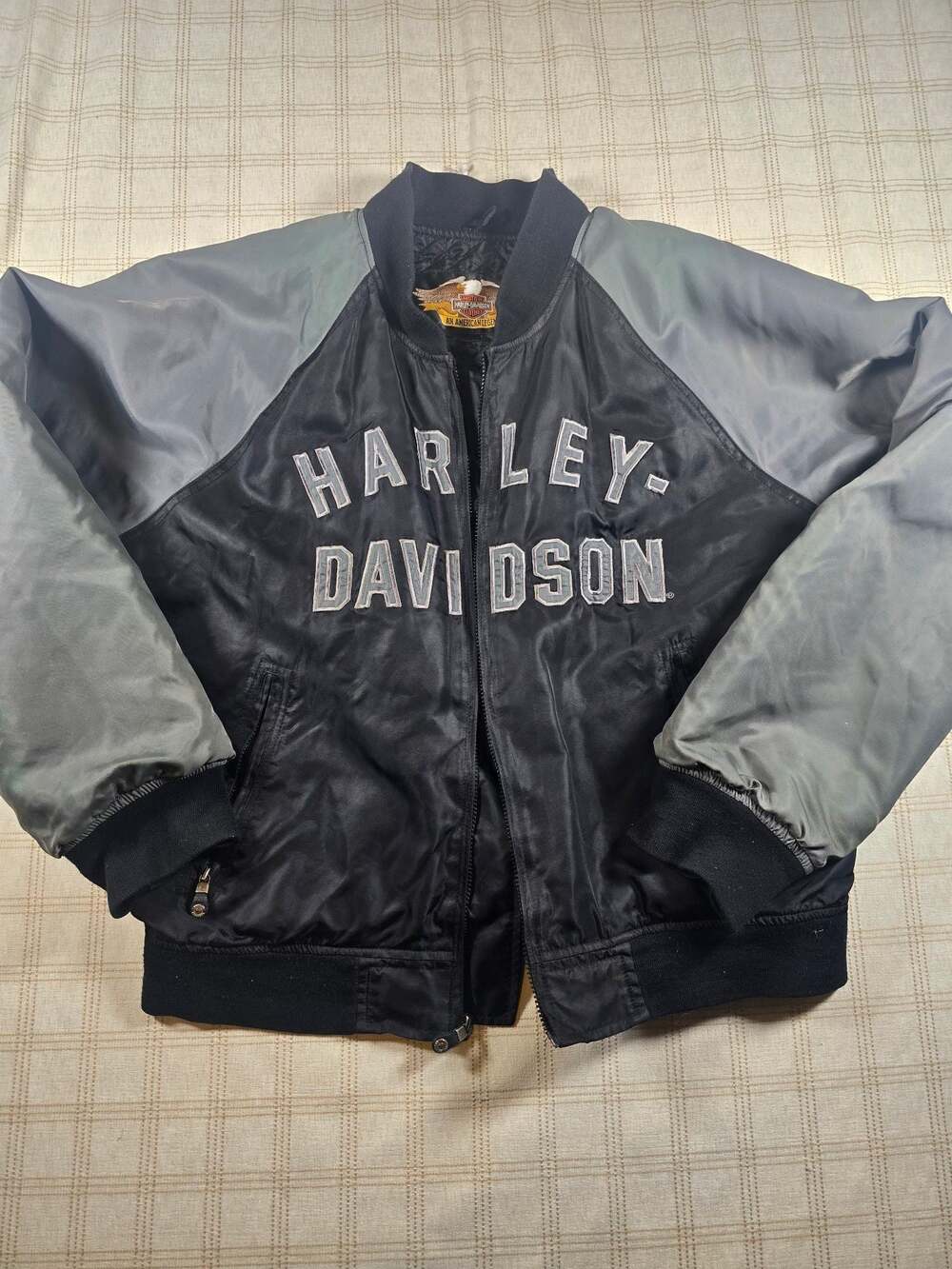 Harley Davidson Vintage Black and Gray Nylon Bomber Jacket